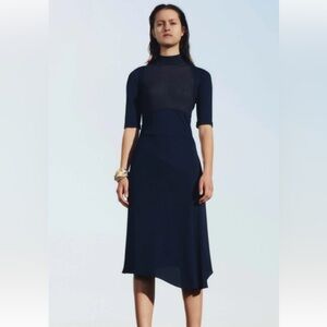 ATLEIN Women's Midi Dress Spring‎ 2017 Navy Blue Half Sleeve Mock Neck Fitted
